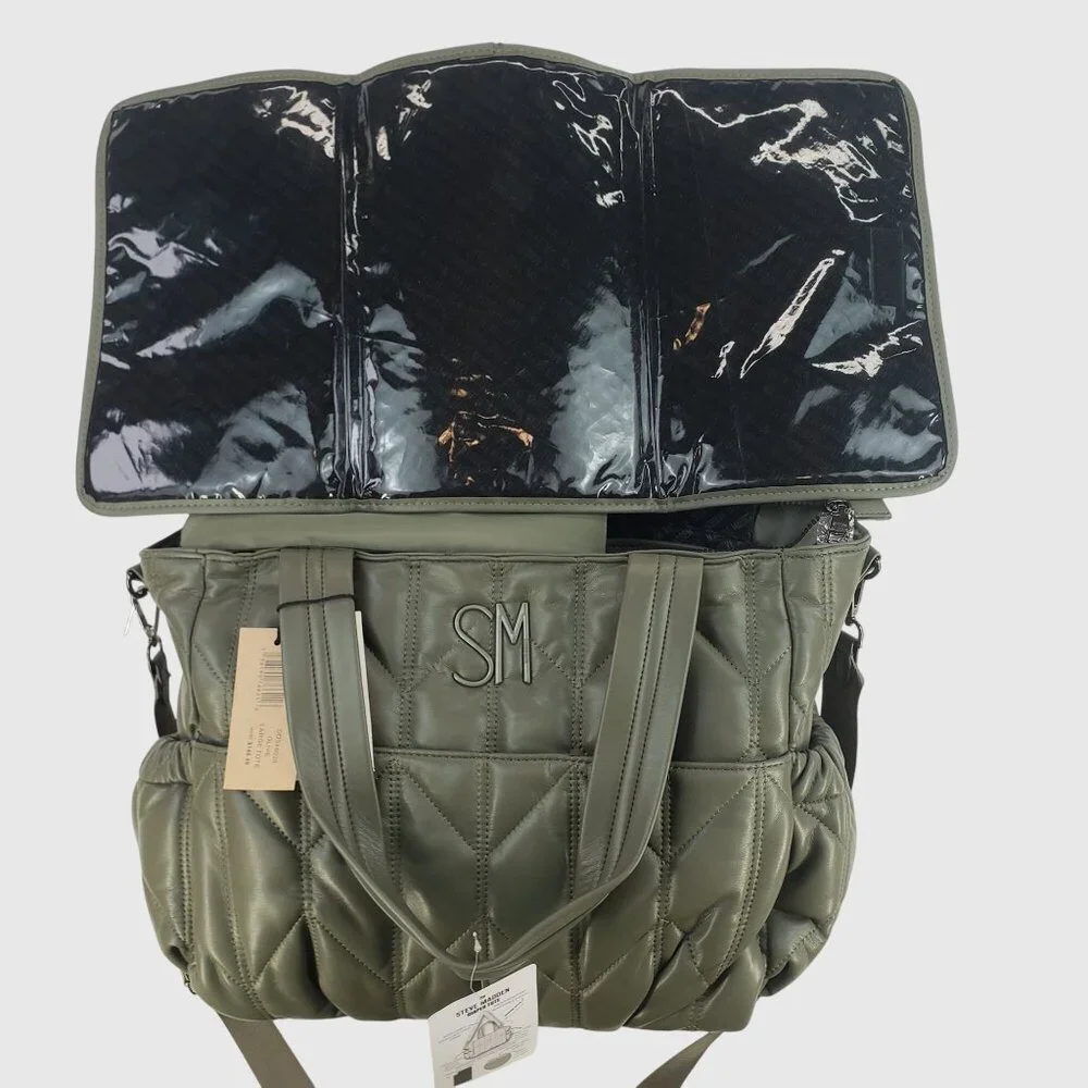 Steve Madden Olive Quilted Diaper Tote Bag With Removable Strap & Changing Pad